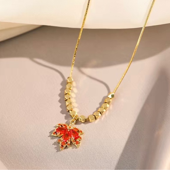 Leaf crystal gold necklace. Party date engagement guest gift birthday for her. - Picture 3 of 5